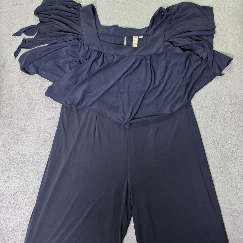 Emma & Michele Womens 2X Jumpsuit Navy Blue Ruffle Flutter Sleeve Wide Leg 5786